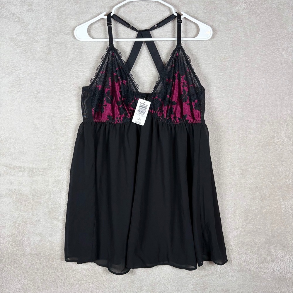 Torrid Babydoll Lingerie Womens 1X Black Magenta Lace Mesh Boudoir Chemise NEW